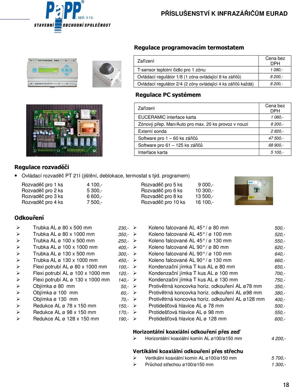 20 ks provoz v nouzi 8 200,- Externí sonda 2 820,- Software pro 1 60 ks zářičů 47 500,- Software pro 61 125 ks zářičů 68 900,- Interface karta 5 100,- Regulace rozvaděči Ovládací rozvaděč PT 21I