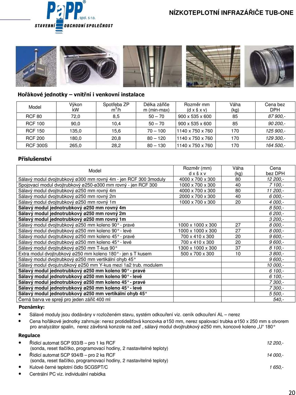 28,2 80 130 1140 x 750 x 760 170 164 500,- Příslušenství Rozměr (mm) Váha d x š x v (kg) bez Sálavý modul dvojtrubkový ø300 mm rovný 4m - jen RCF 300 3moduly 4000 x 700 x 300 80 12 200,- Spojovací