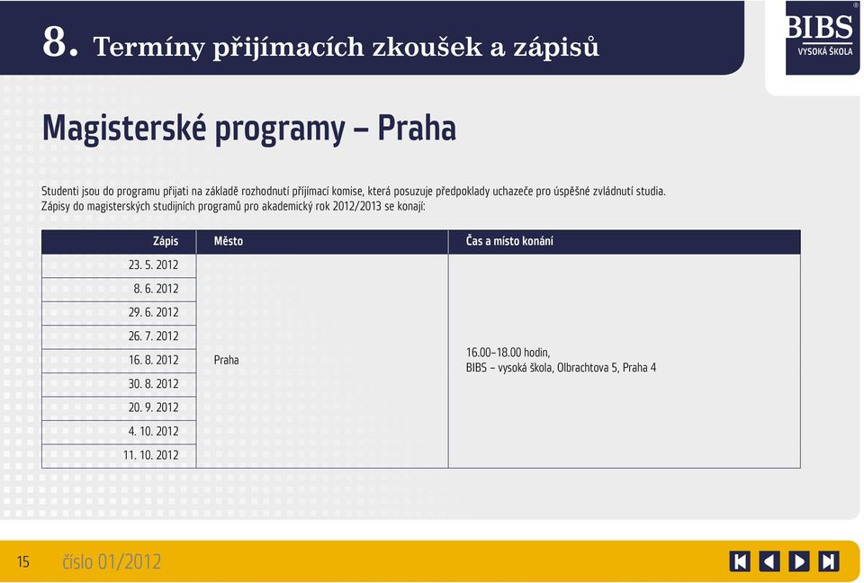 Zápisy do magisterských studijních programů pro akademický rok 2012/2013 se konají: Zápis Město Čas a místo konání 23. 5.