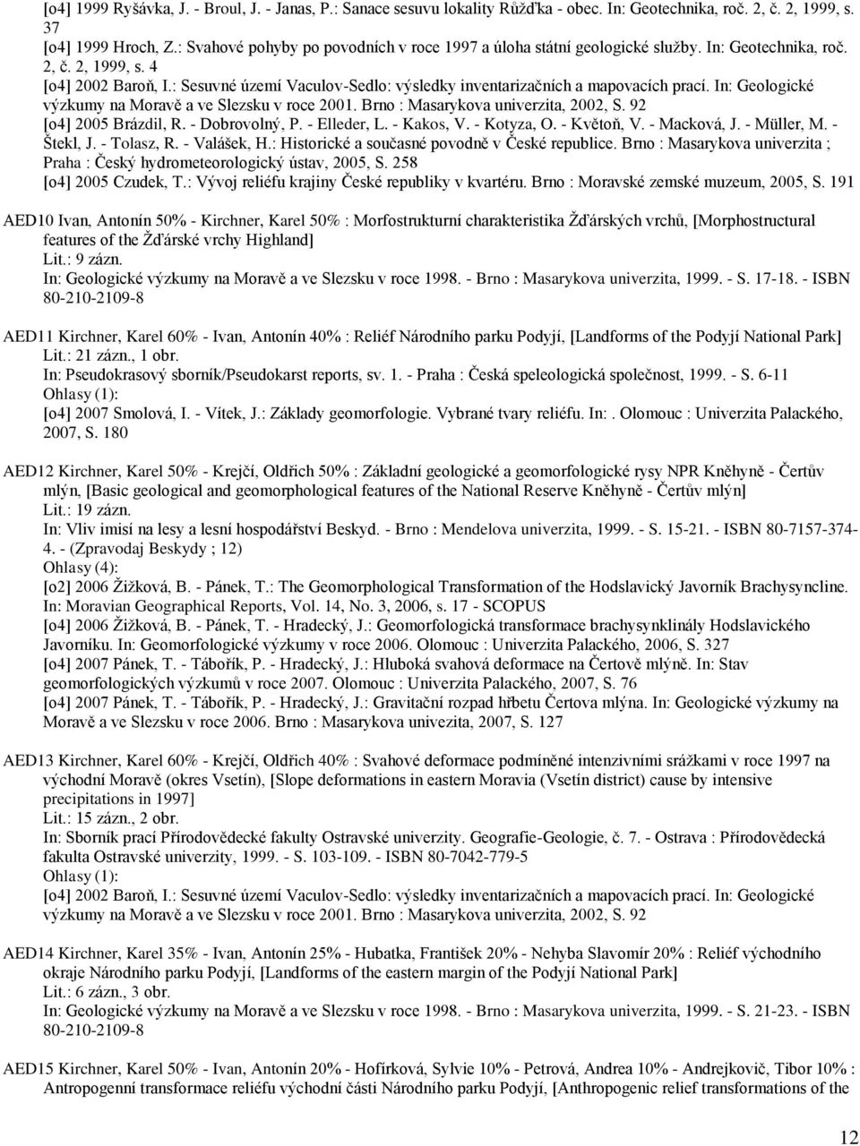 : Sesuvné území Vaculov-Sedlo: výsledky inventarizačních a mapovacích prací. In: Geologické výzkumy na Moravě a ve Slezsku v roce 2001. Brno : Masarykova univerzita, 2002, S. 92 [o4] 2005 Brázdil, R.