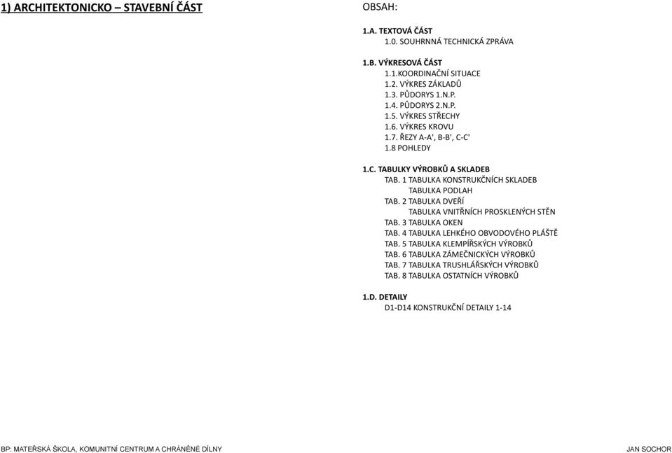 1 TABULKA KONSTRUKČNÍCH SKLADEB TABULKA PODLAH TAB. 2 TABULKA DVEŘÍ TABULKA VNITŘNÍCH PROSKLENÝCH STĚN TAB. 3 TABULKA OKEN TAB.