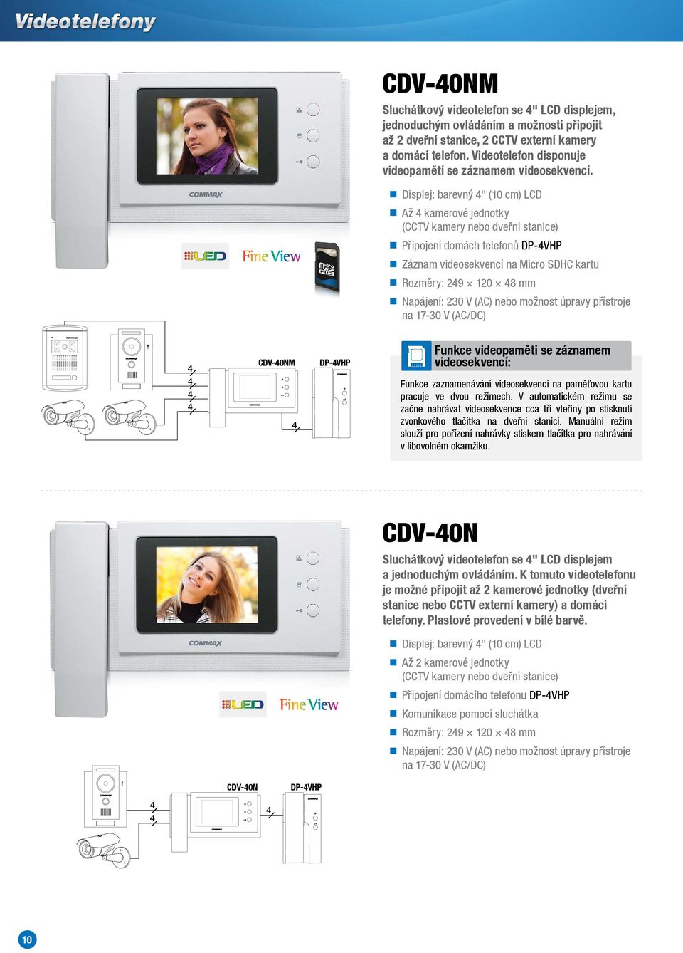 Displej: barevný " (10 cm) LCD Až kamerové jednotky (cctv kamery nebo dveřní stanice) Připojení domách telefonů DP-VHP Záznam videosekvencí na Micro SDHC kartu Rozměry: 9 10 8 mm Napájení: 30 V (AC)