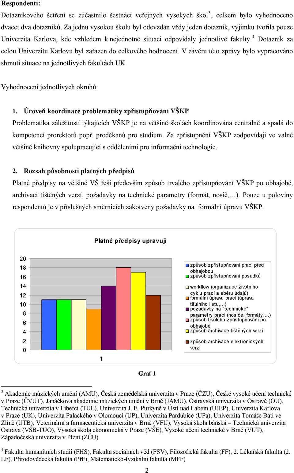 Dotazník za celou Univerzitu Karlovu byl zařazen do celkového hodnocení. V závěru této zprávy bylo vypracováno shrnutí situace na jednotlivých fakultách UK. Vyhodnocení jednotlivých okruhů:.