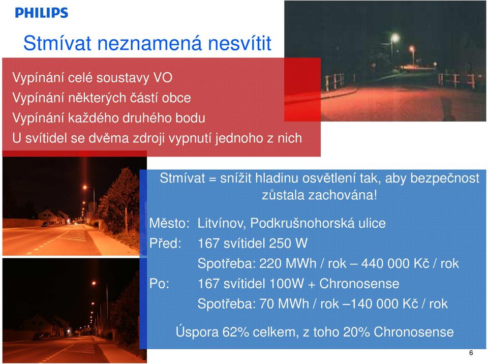 Město: Litvínov, Podkrušnohorská ulice Před: 167 svítidel 250 W Spotřeba: 220 MWh / rok 440 000 Kč / rok Po: 167 svítidel