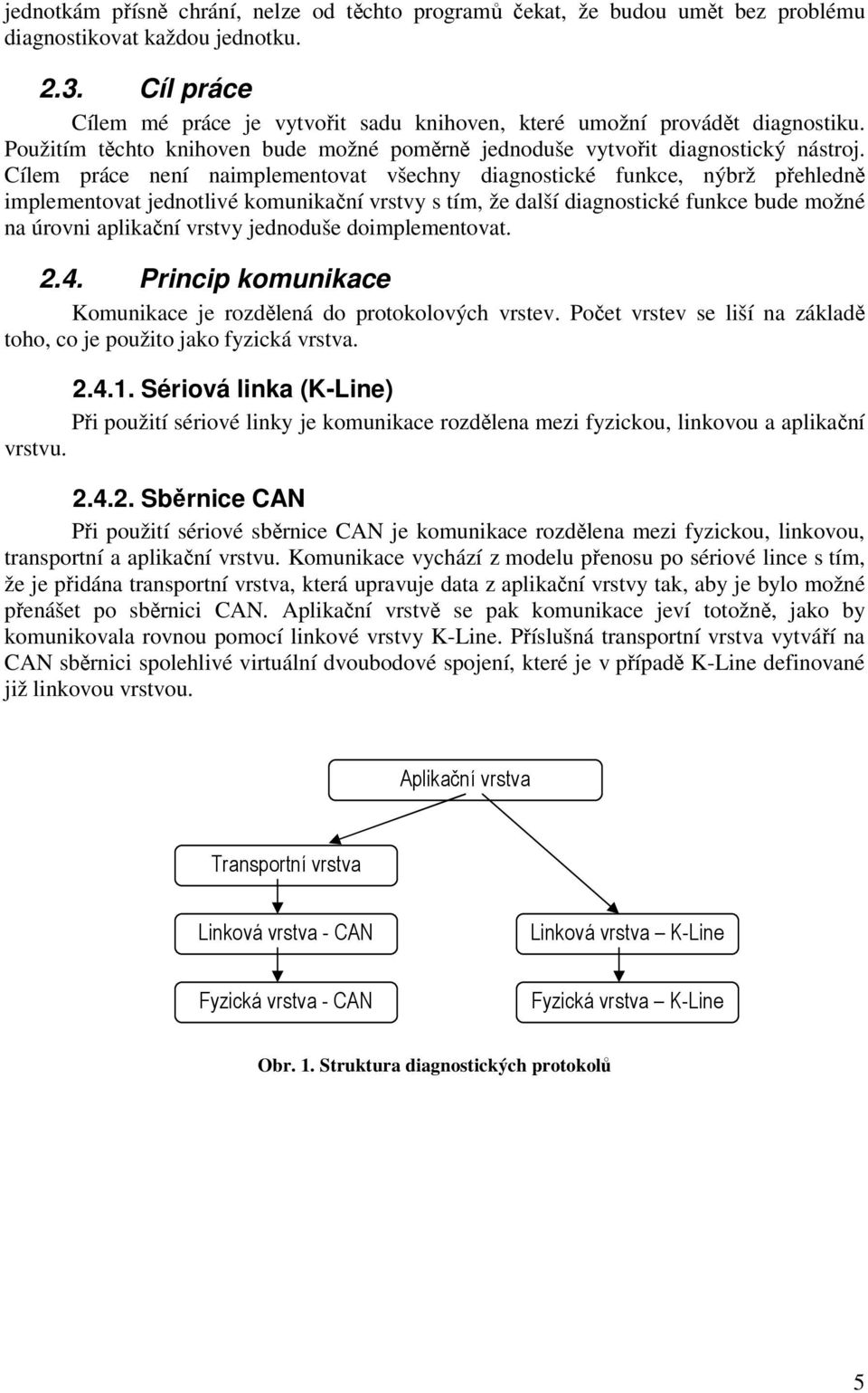 Cílem práce není naimplementovat všechny diagnostické funkce, nýbrž přehledně implementovat jednotlivé komunikační vrstvy s tím, že další diagnostické funkce bude možné na úrovni aplikační vrstvy