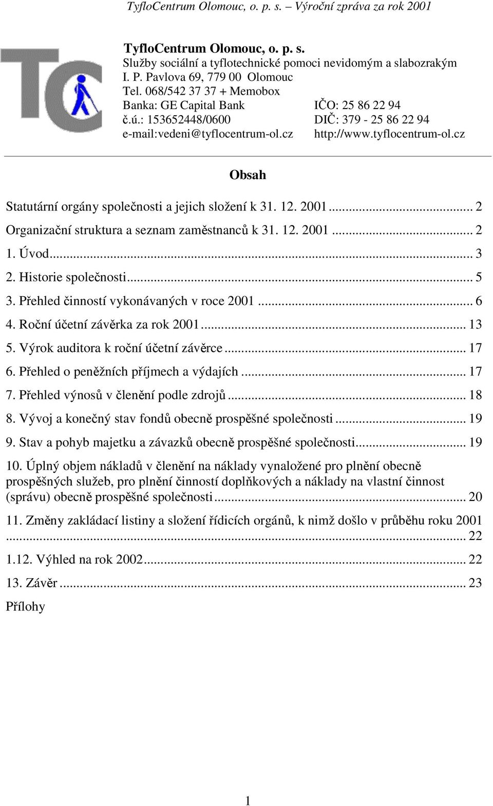 .. 2 Organizační struktura a seznam zaměstnanců k 31. 12. 2001... 2 1. Úvod... 3 2. Historie společnosti... 5 3. Přehled činností vykonávaných v roce 2001... 6 4. Roční účetní závěrka za rok 2001.