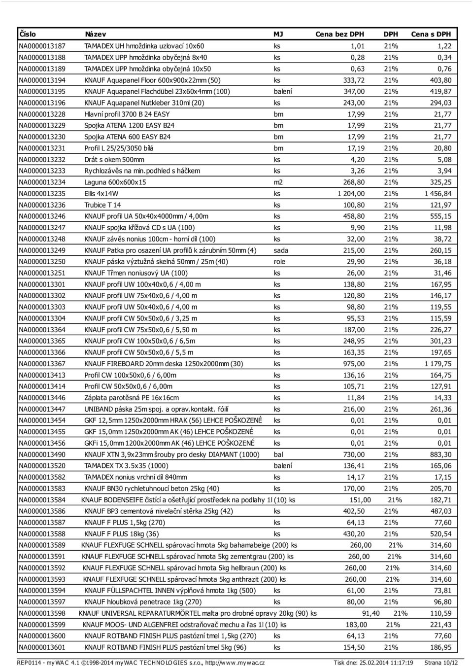 (20) ks 243,00 21% 294,03 NA0000013228 Hlavní profil 3700 B 24 EASY bm 17,99 21% 21,77 NA0000013229 Spojka ATENA 1200 EASY B24 bm 17,99 21% 21,77 NA0000013230 Spojka ATENA 600 EASY B24 bm 17,99 21%