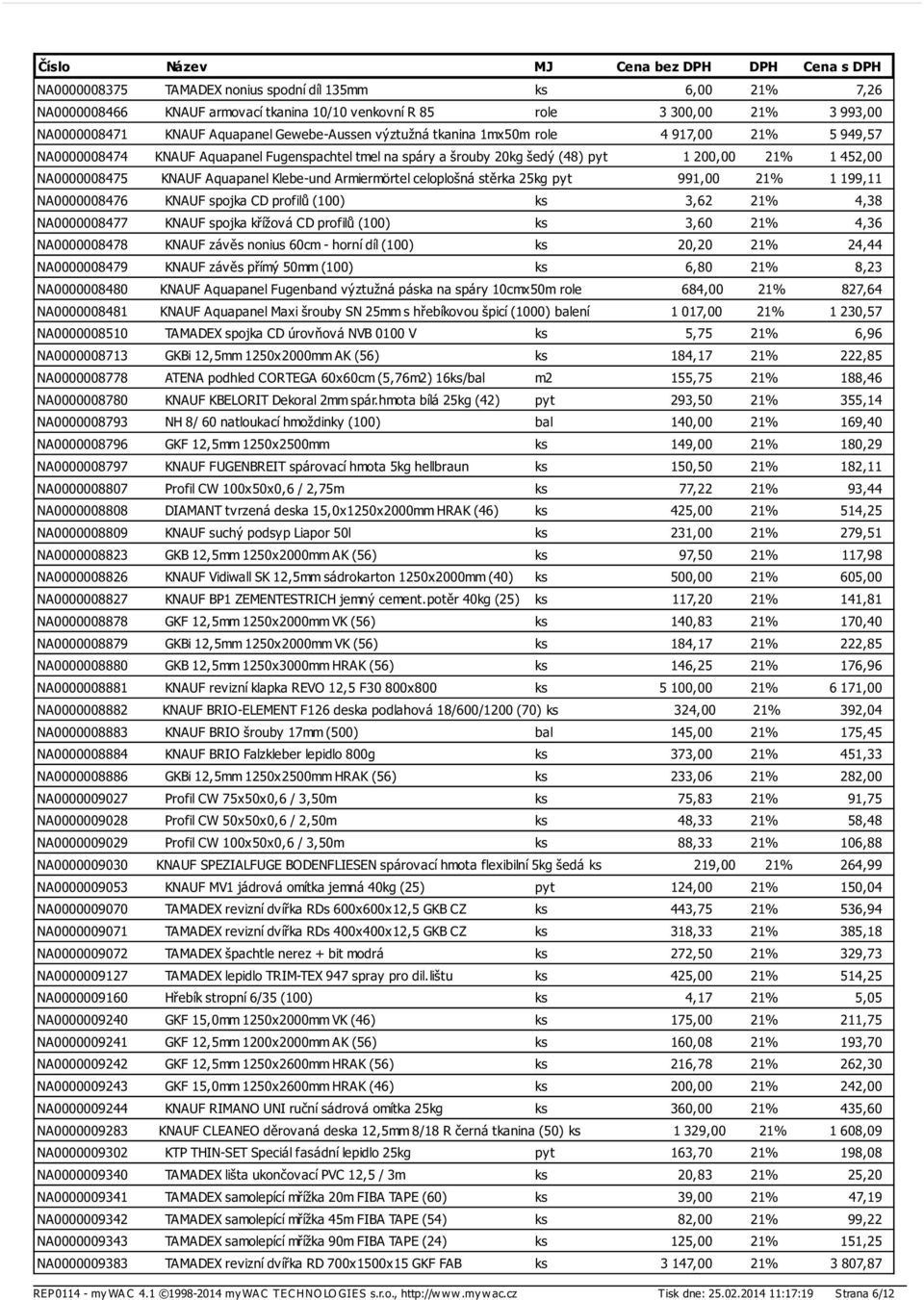 Armiermörtel celoplošná stěrka 25kg pyt 991,00 21% 1 199,11 NA0000008476 KNAUF spojka CD profilů (100) ks 3,62 21% 4,38 NA0000008477 KNAUF spojka křížová CD profilů (100) ks 3,60 21% 4,36