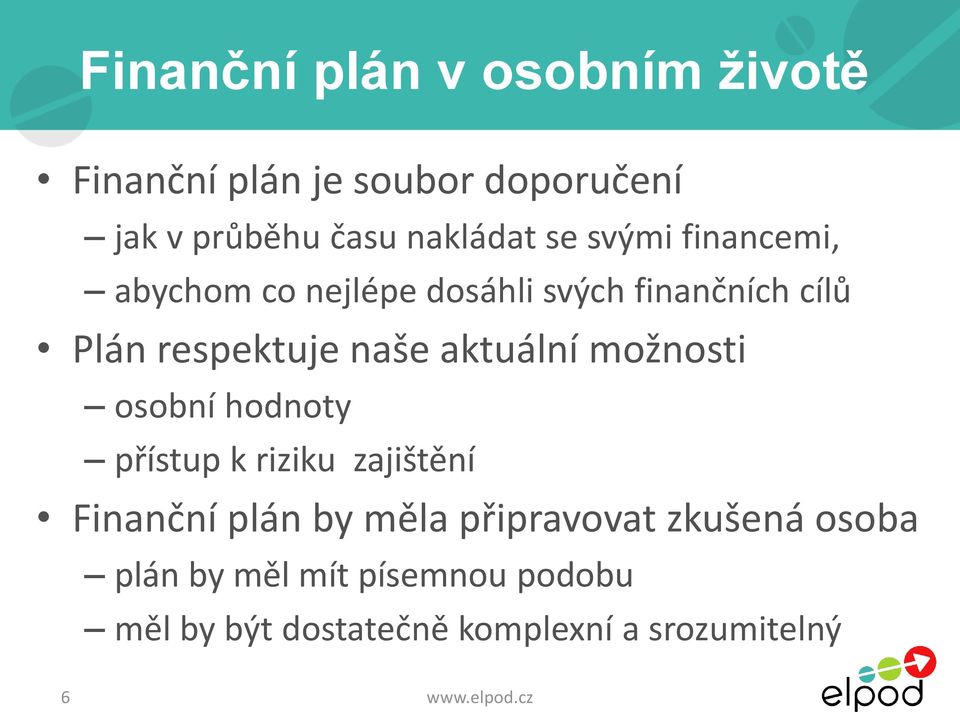 respektuje naše aktuální možnosti osobní hodnoty přístup k riziku zajištění Finanční plán by