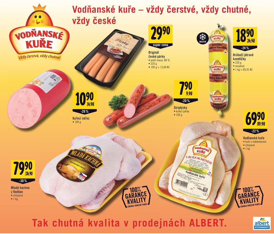 Kuřecí nářez 100 g 7 90 9,90/ Striptýzky kuřecí párky 100 g 69 90 89,90/ -22 % Vodňanské kuře kuře s