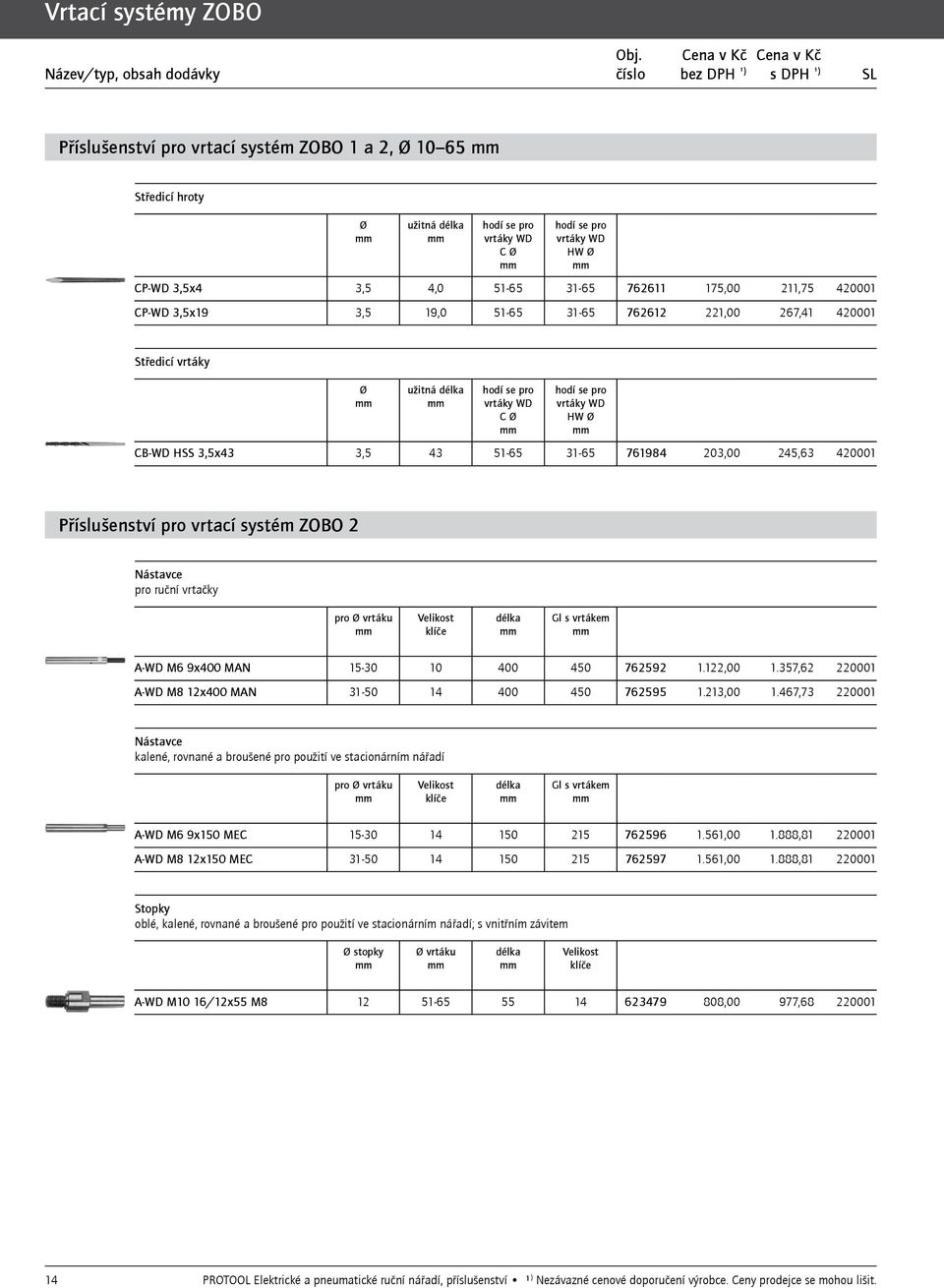 31-65 761984 203,00 245,63 420001 Příslušenství pro vrtací systém ZOBO 2 Nástavce pro ruční vrtačky pro Ø vrtáku Velikost klíče délka Gl s vrtákem A-WD M6 9x400 MAN 15-30 10 400 450 762592 1.122,00 1.