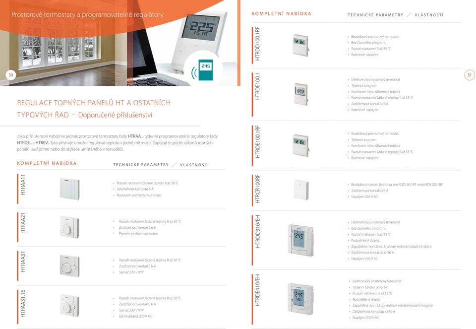 1 Elektronický prostorový termostat Týdenní program Komfortní nebo útlumová teplota Rozsah nastavení žádané teploty 5 až 35 C Zatížitelnost kontaktů 5 A 31 T YPOVÝCH ŘAD Doporučené příslušenství