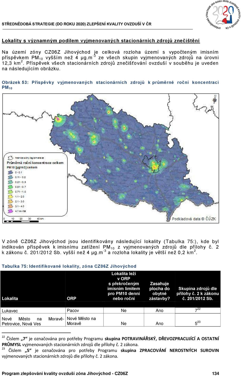 Obrázek 53: Příspěvky vyjmenovaných stacionárních zdrojů k průměrné roční koncentraci PM 10 V zóně CZ06Z Jihovýchod jsou identifikovány následující lokality ( Tabulka 75:), kde byl indikován