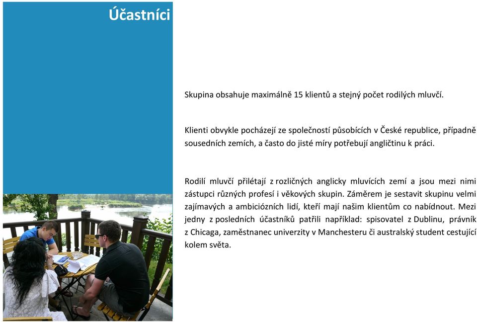 Rodilí mluvčí přilétají z rozličných anglicky mluvících zemí a jsou mezi nimi zástupci různých profesí i věkových skupin.