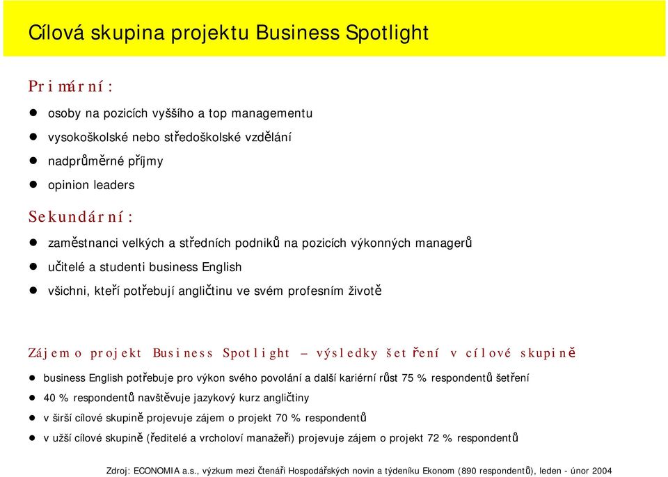 šet ření v cílové skupině business English potřebuje pro výkon svého povolání a další kariérní růst 75 % respondentů šetření 40 % respondentů navštěvuje jazykový kurz angličtiny v širší cílové