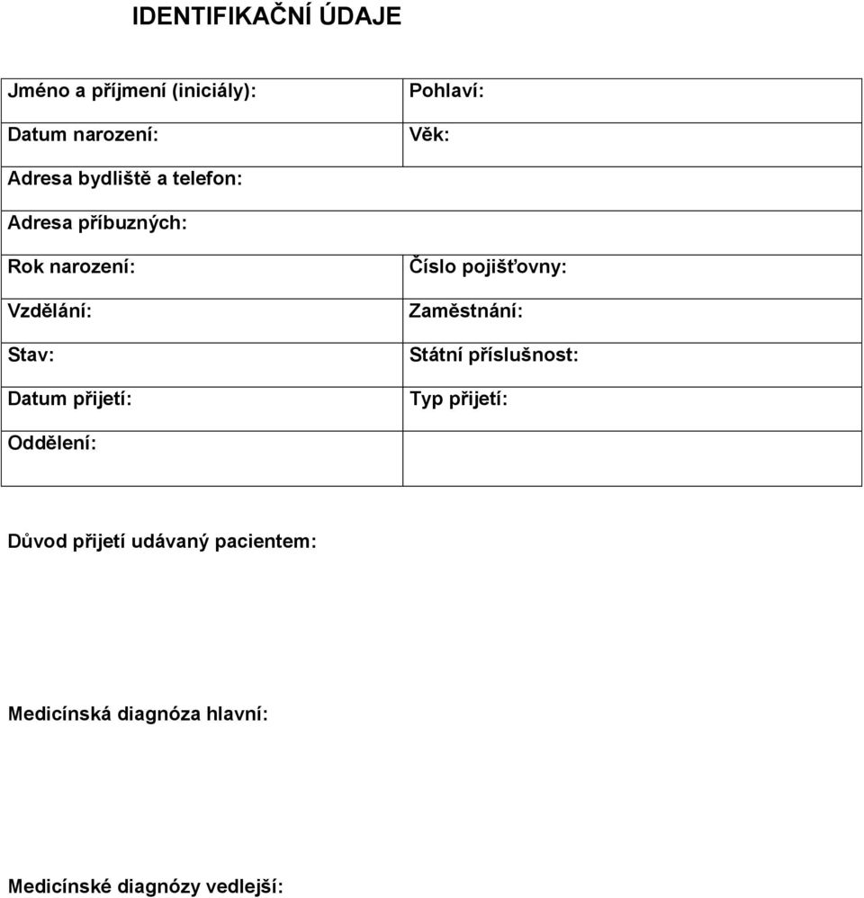přijetí: Číslo pojišťovny: Zaměstnání: Státní příslušnost: Typ přijetí: Oddělení: