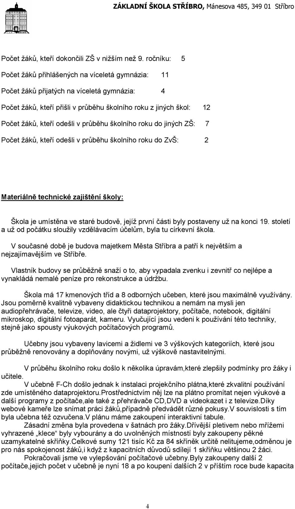 průběhu školního roku do jiných ZŠ: 7 Počet žáků, kteří odešli v průběhu školního roku do ZvŠ: 2 Materiálně technické zajištění školy: Škola je umístěna ve staré budově, jejíž první části byly