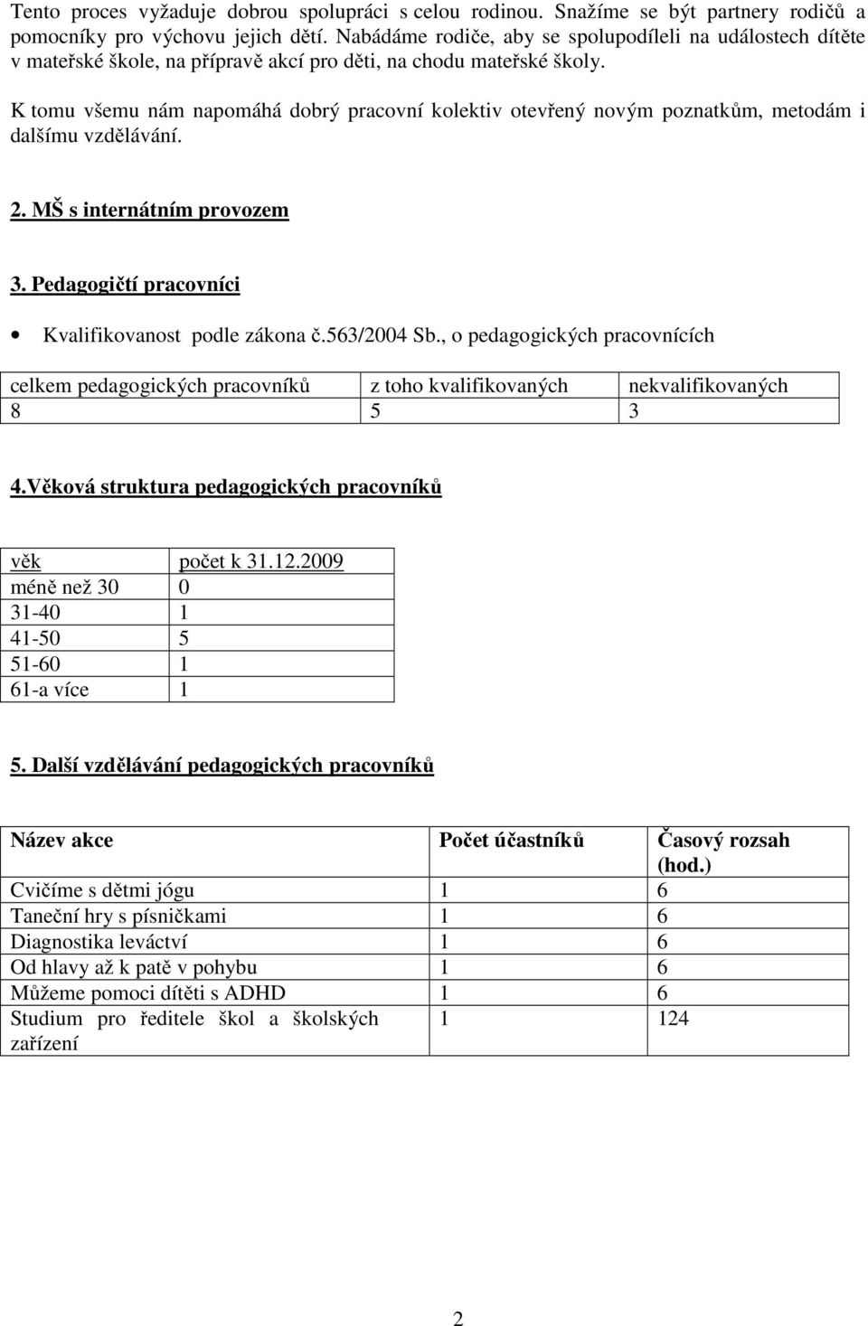 K tomu všemu nám napomáhá dobrý pracovní kolektiv otevřený novým poznatkům, metodám i dalšímu vzdělávání. 2. MŠ s internátním provozem 3. Pedagogičtí pracovníci Kvalifikovanost podle zákona č.