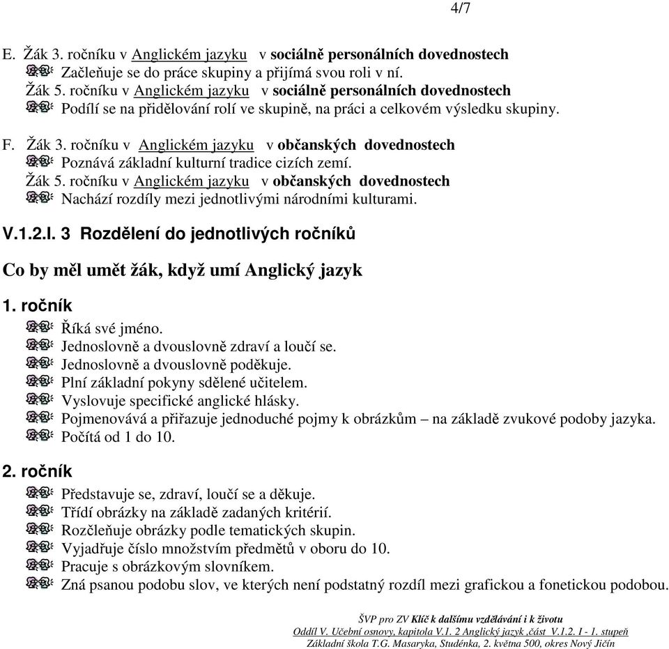 ročníku v Anglickém jazyku v občanských dovednostech Poznává základní kulturní tradice cizích zemí. Žák 5.