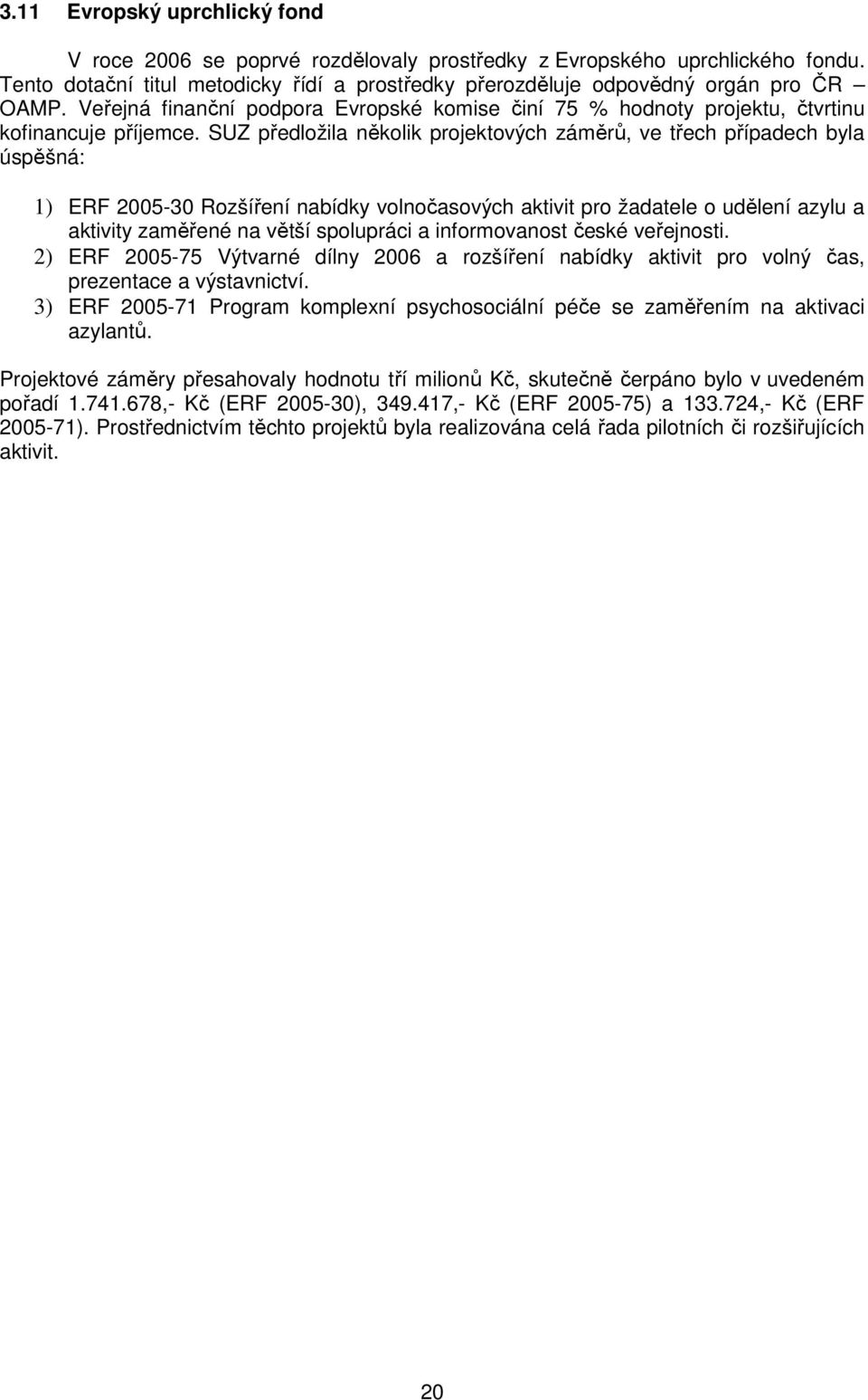 SUZ předložila několik projektových záměrů, ve třech případech byla úspěšná: 1) ERF 2005-30 Rozšíření nabídky volnočasových aktivit pro žadatele o udělení azylu a aktivity zaměřené na větší