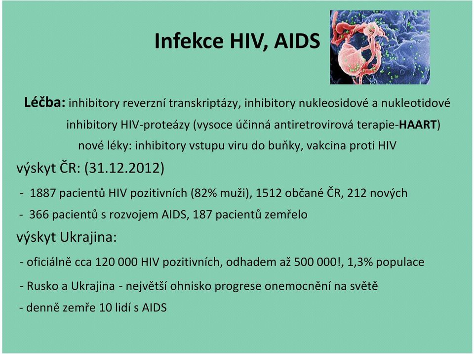 2012) - 1887 pacientů HIV pozitivních (82% muži), 1512 občané ČR, 212 nových - 366 pacientů s rozvojem AIDS, 187 pacientů zemřelo výskyt