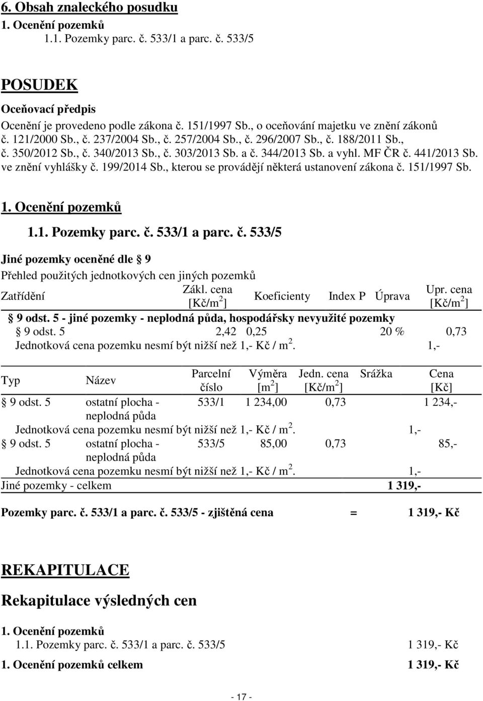 MF ČR č. 441/2013 Sb. ve znění vyhlášky č. 199/2014 Sb., kterou se provádějí některá ustanovení zákona č. 151/1997 Sb. 1. Ocenění pozemků 1.1. Pozemky parc. č. 533/1 a parc. č. 533/5 Jiné pozemky oceněné dle 9 Přehled použitých jednotkových cen jiných pozemků Zákl.