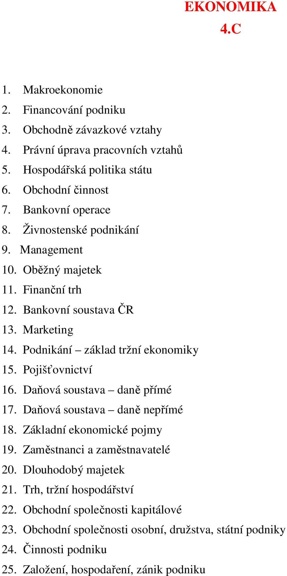 Pojišťovnictví 16. Daňová soustava daně přímé 17. Daňová soustava daně nepřímé 18. Základní ekonomické pojmy 19. Zaměstnanci a zaměstnavatelé 20. Dlouhodobý majetek 21.