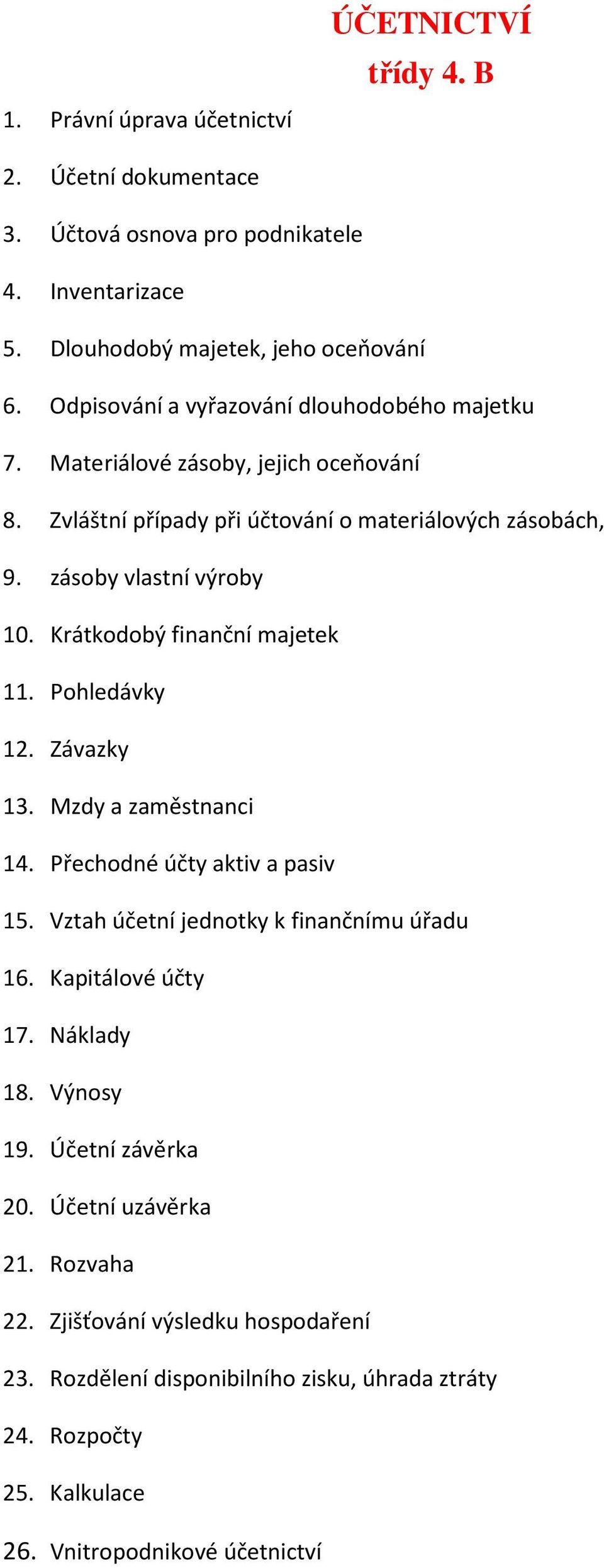 Krátkodobý finanční majetek 11. Pohledávky 12. Závazky 13. Mzdy a zaměstnanci 14. Přechodné účty aktiv a pasiv 15. Vztah účetní jednotky k finančnímu úřadu 16. Kapitálové účty 17.