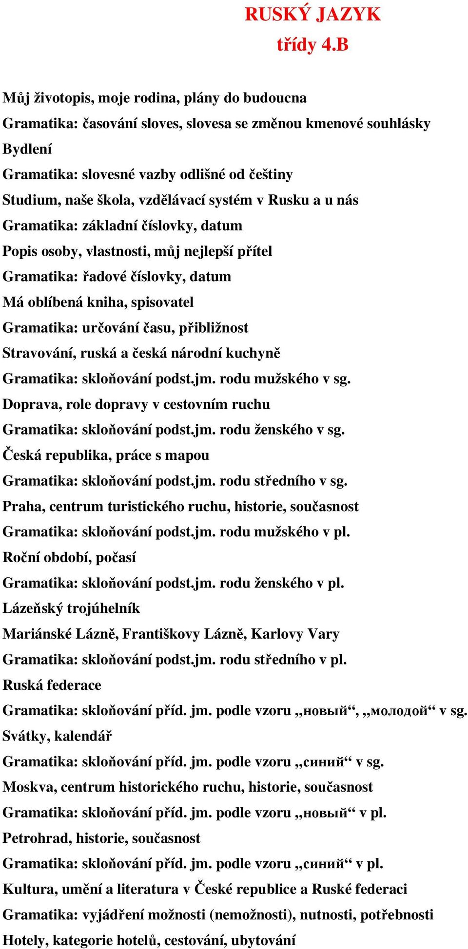 systém v Rusku a u nás Gramatika: základní číslovky, datum Popis osoby, vlastnosti, můj nejlepší přítel Gramatika: řadové číslovky, datum Má oblíbená kniha, spisovatel Gramatika: určování času,