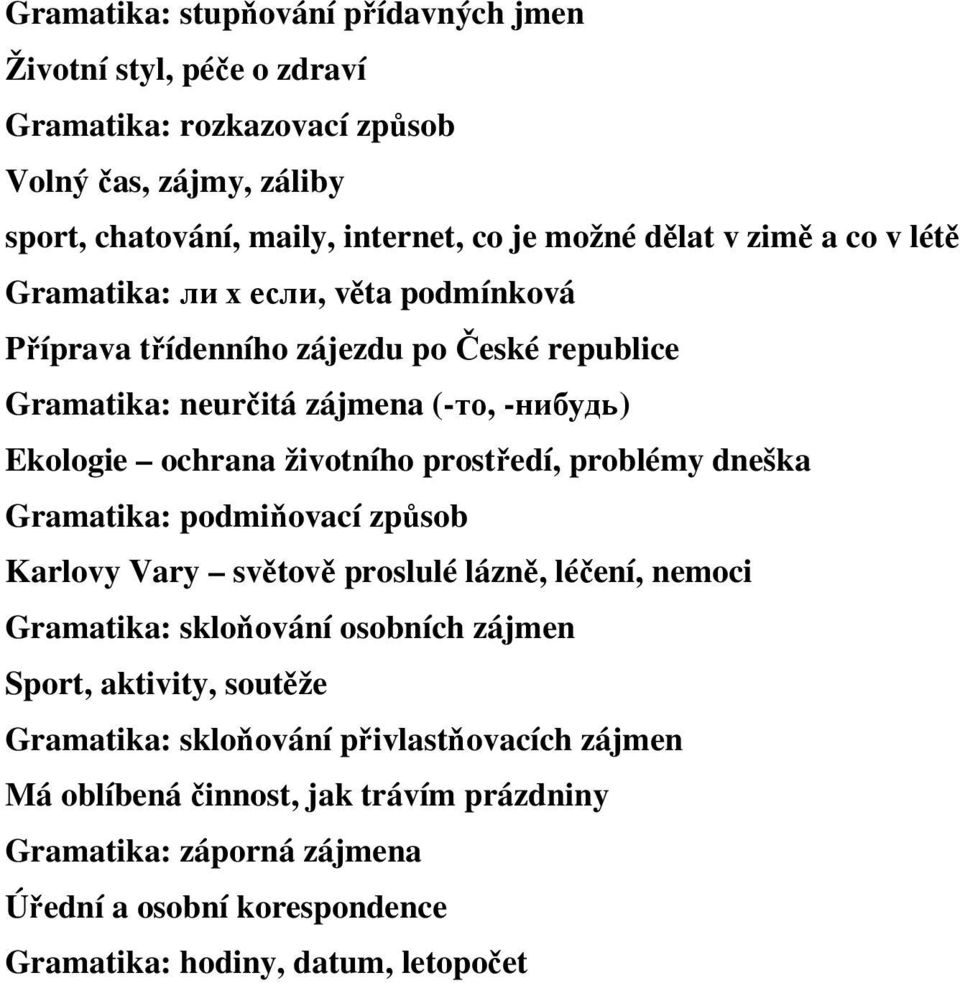 prostředí, problémy dneška Gramatika: podmiňovací způsob Karlovy Vary světově proslulé lázně, léčení, nemoci Gramatika: skloňování osobních zájmen Sport, aktivity, soutěže