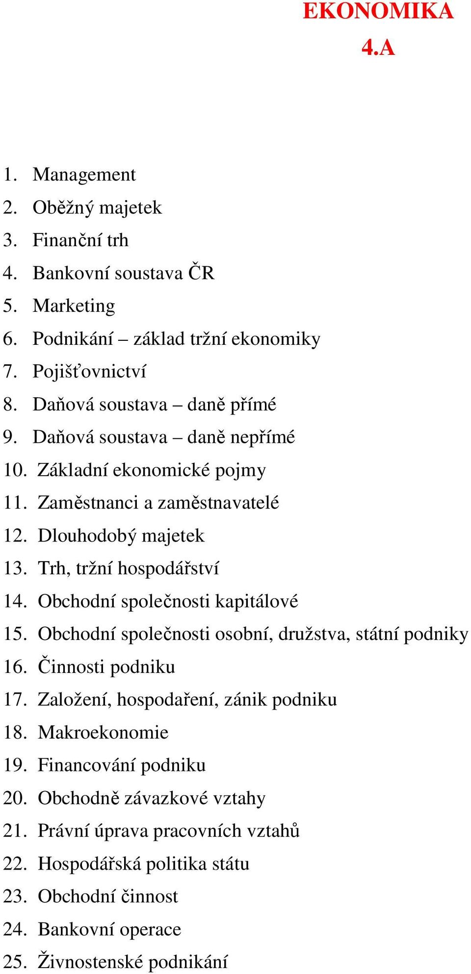 Trh, tržní hospodářství 14. Obchodní společnosti kapitálové 15. Obchodní společnosti osobní, družstva, státní podniky 16. Činnosti podniku 17.