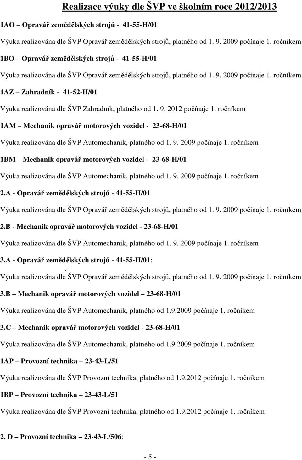 ročníkem 1AZ Zahradník - 41-52-H/01 Výuka realizována dle ŠVP Zahradník, platného od 1. 9. 2012 počínaje 1.