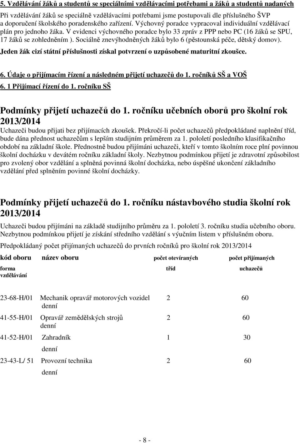 V evidenci výchovného poradce bylo 33 zpráv z PPP nebo PC (16 žáků se SPU, 17 žáků se zohledněním ). Sociálně znevýhodněných žáků bylo 6 (pěstounská péče, dětský domov).