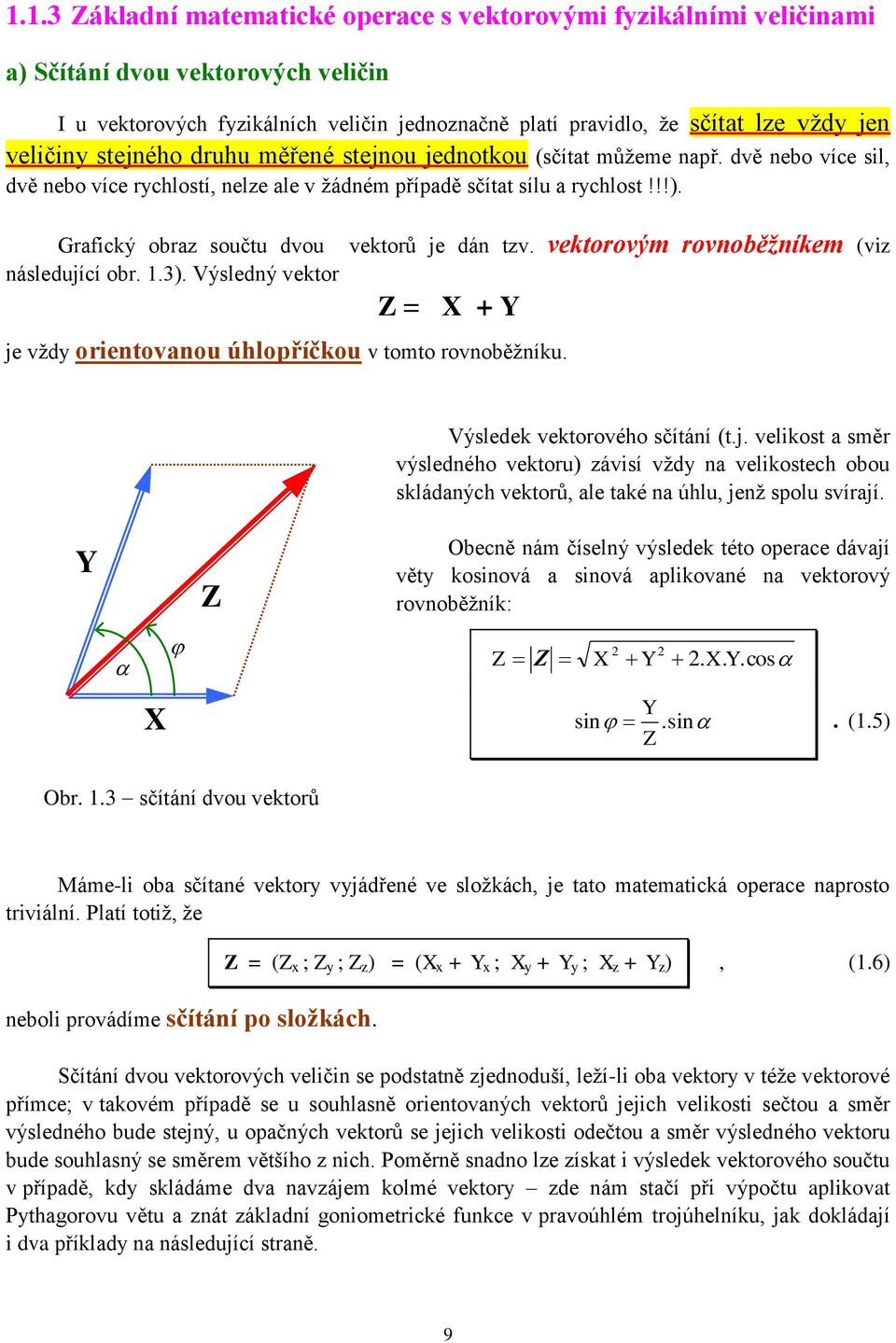 Grafický obraz součtu dvou následující obr. 1.3). Výsledný vektor vektorů je dán tzv. vektorovým rovnoběžníkem (viz Z = X + Y je vždy orientovanou úhlopříčkou v tomto rovnoběžníku.