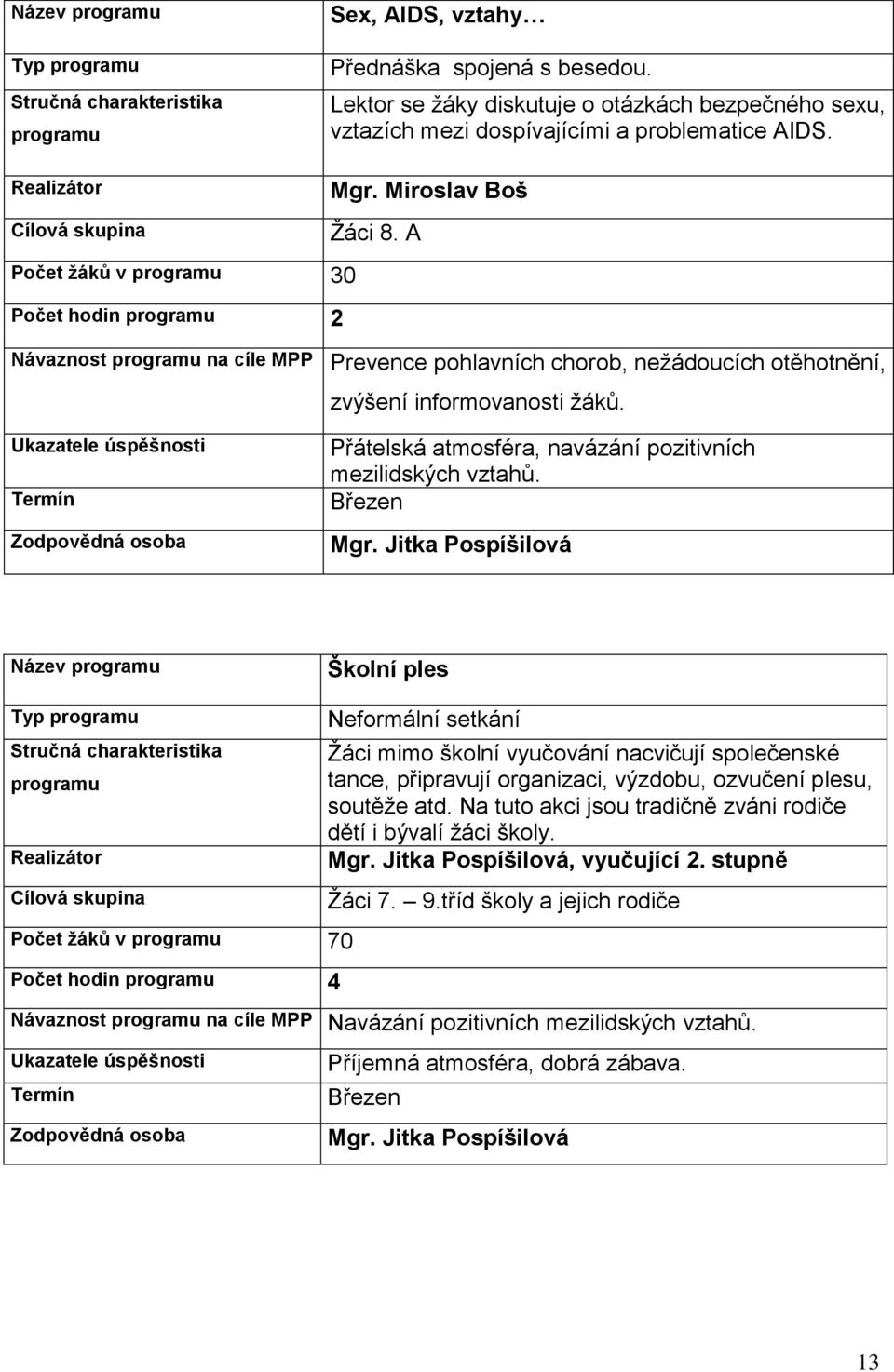 Jitka Pospíšilová Název Školní ples Typ Počet žáků v 70 Počet hodin 4 Neformální setkání Žáci mimo školní vyučování nacvičují společenské tance, připravují organizaci, výzdobu, ozvučení plesu,