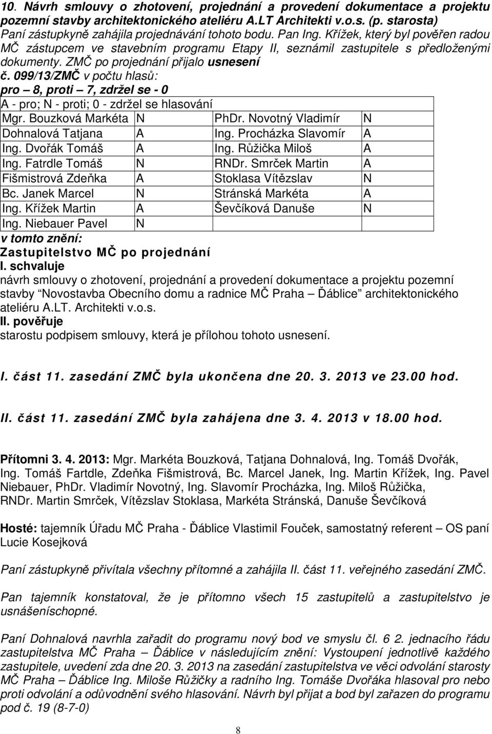 ZMČ po projednání přijalo usnesení č. 099/13/ZMČ v počtu hlasů: pro 8, proti 7, zdržel se - 0 Mgr. Bouzková Markéta N PhDr. Novotný Vladimír N Ing. Fatrdle Tomáš N RNDr.