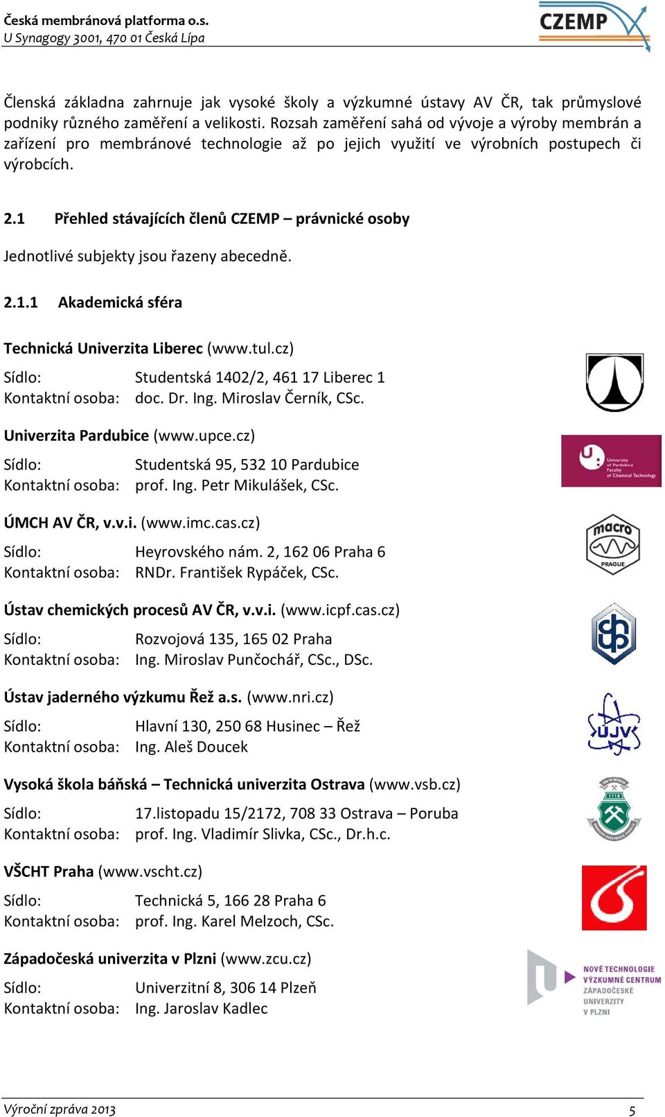 1 Přehled stávajících členů CZEMP právnické osoby Jednotlivé subjekty jsou řazeny abecedně. 2.1.1 Akademická sféra Technická Univerzita Liberec (www.tul.cz) Studentská 1402/2, 461 17 Liberec 1 doc.