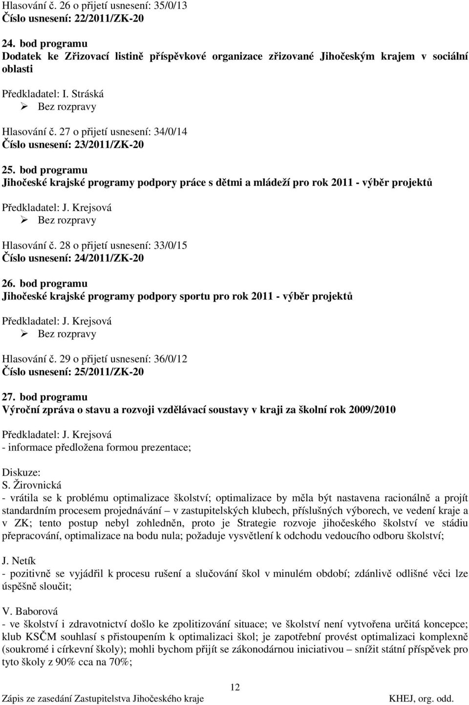 27 o přijetí usnesení: 34/0/14 Číslo usnesení: 23/2011/ZK-20 25. bod programu Jihočeské krajské programy podpory práce s dětmi a mládeží pro rok 2011 - výběr projektů Předkladatel: J.