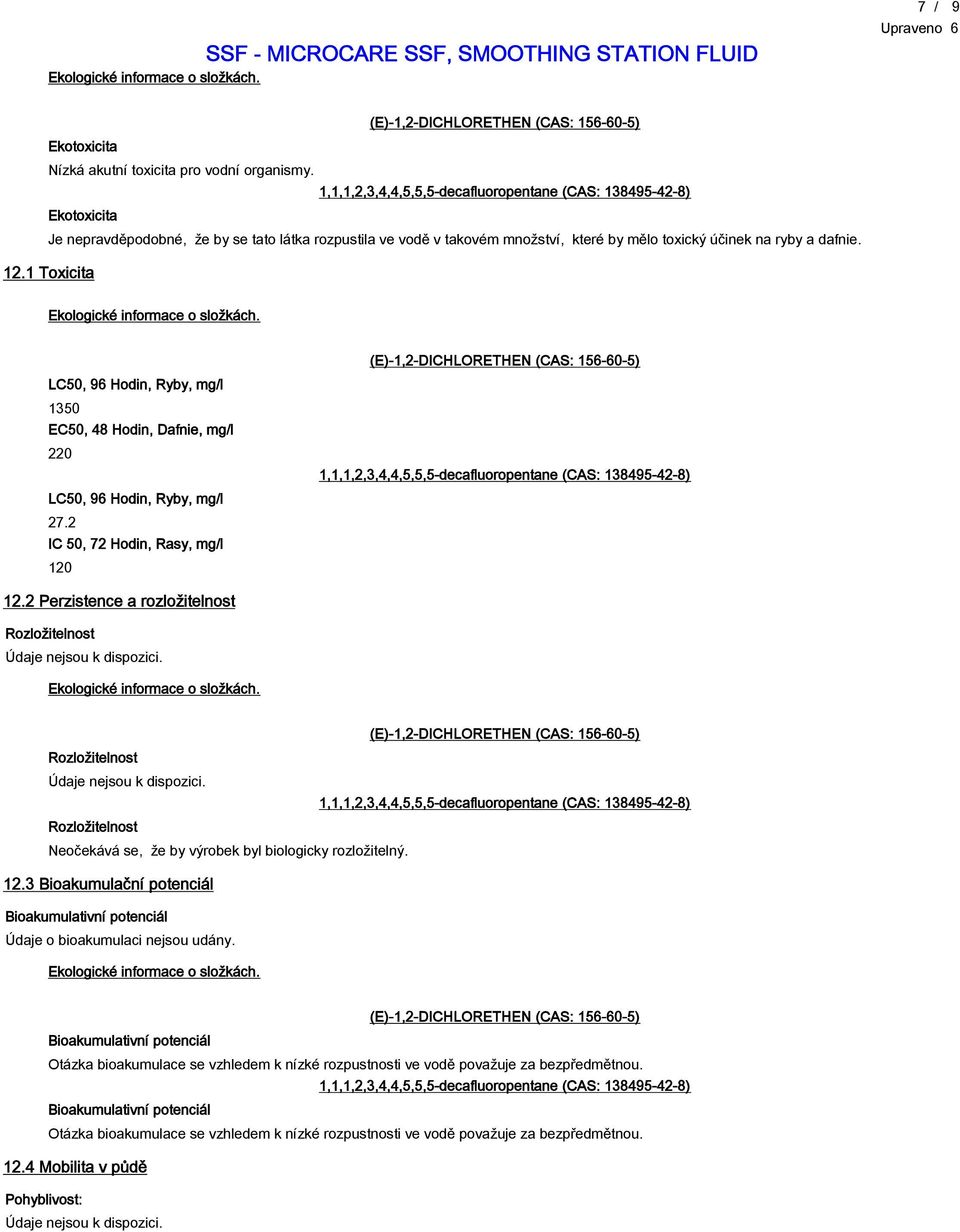 2 Perzistence a rozložitelnost Rozložitelnost Údaje nejsou k dispozici. Rozložitelnost Údaje nejsou k dispozici. Rozložitelnost Neočekává se, že by výrobek byl biologicky rozložitelný. 12.