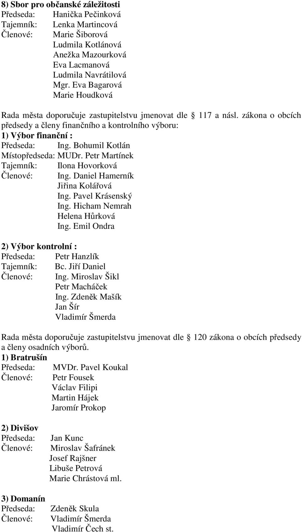 Bohumil Kotlán Místopředseda: MUDr. Petr Martínek Tajemník: Ilona Hovorková Ing. Daniel Hamerník Jiřina Kolářová Ing. Pavel Krásenský Ing. Hicham Nemrah Helena Hůrková Ing.