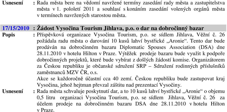 o. se sídlem Jihlava, Věžní č. 26 požádala radu města o darování 10 kusů lahví bystřické Aronie. Tento dar bude prodáván na dobročinném bazaru Diplomatic Spouses Association (DSA) dne 28.11.