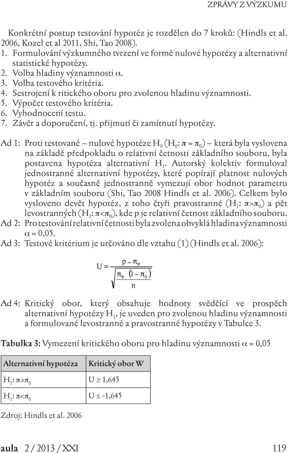 Sestrojení k ritického oboru pro zvolenou hladinu významnosti. 5. Výpočet testového kritéria. 6. Vyhodnocení testu. 7. Závěr a doporučení, tj. přijmutí či zamítnutí hypotézy.