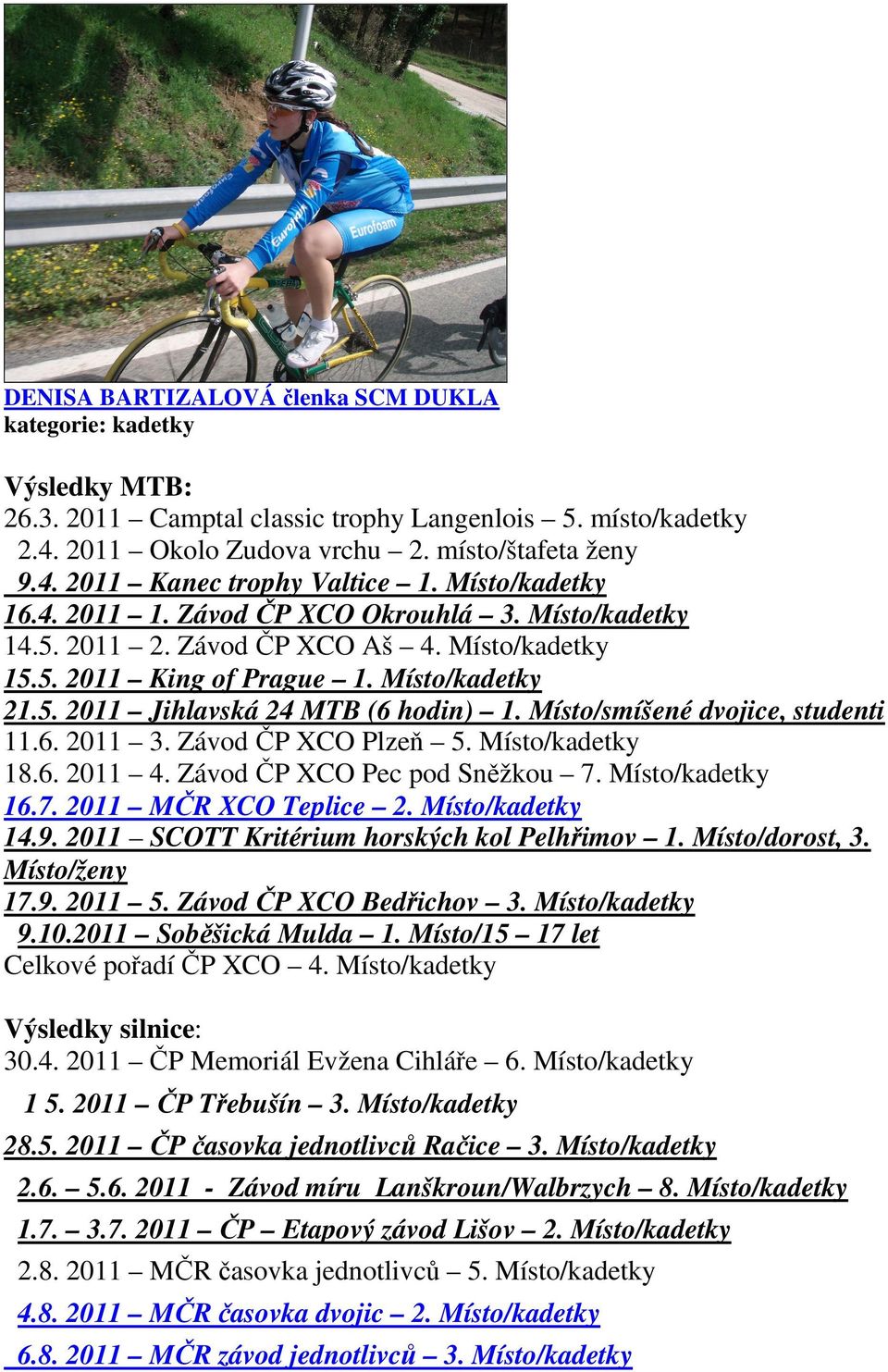 Místo/smíšené dvojice, studenti 11.6. 2011 3. Závod ČP XCO Plzeň 5. Místo/kadetky 18.6. 2011 4. Závod ČP XCO Pec pod Sněžkou 7. Místo/kadetky 16.7. 2011 MČR XCO Teplice 2. Místo/kadetky 14.9.