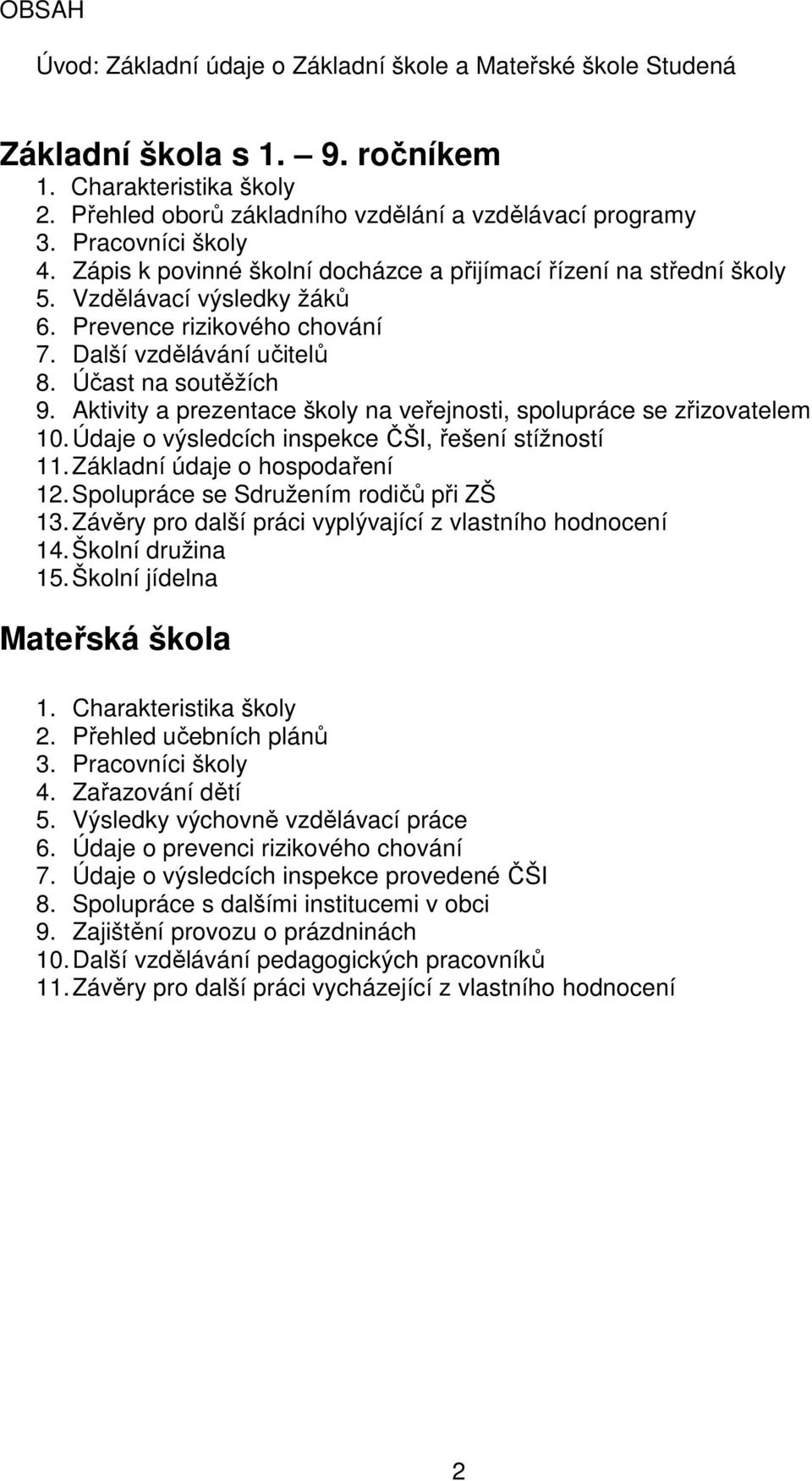 Aktivity a prezentace školy na veřejnosti, spolupráce se zřizovatelem 10. Údaje o výsledcích inspekce ČŠI, řešení stížností 11. Základní údaje o hospodaření 12.