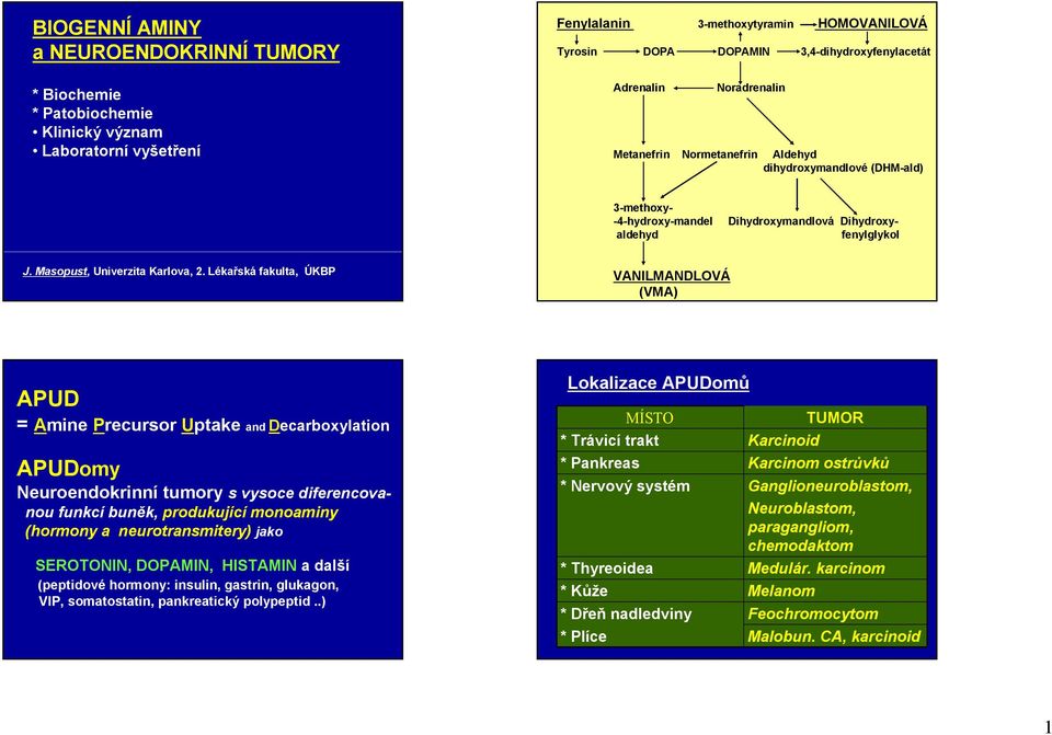 Lékařská fakulta, ÚKBP VANILMANDLOVÁ (VMA) APUD = Amine Precursor Uptake and Decarboxylation APUDomy Neuroendokrinní tumory s vysoce diferencovanou funkcí buněk, produkující monoaminy (hormony a