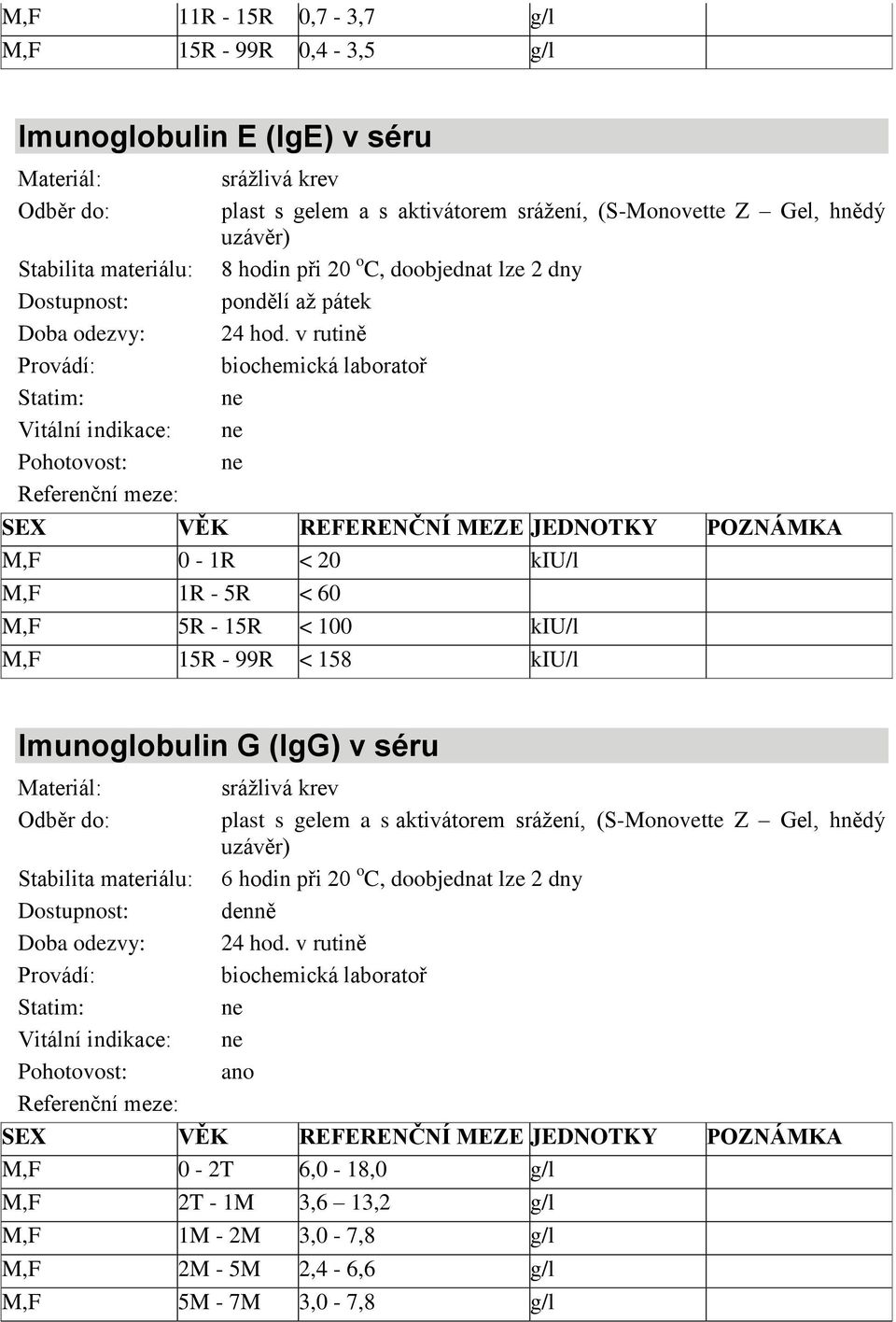 v rutině M,F 0-1R < 20 kiu/l M,F 1R - 5R < 60 M,F 5R - 15R < 100 kiu/l M,F 15R - 99R < 158 kiu/l Imunoglobulin G (IgG) v séru plast s gelem a s