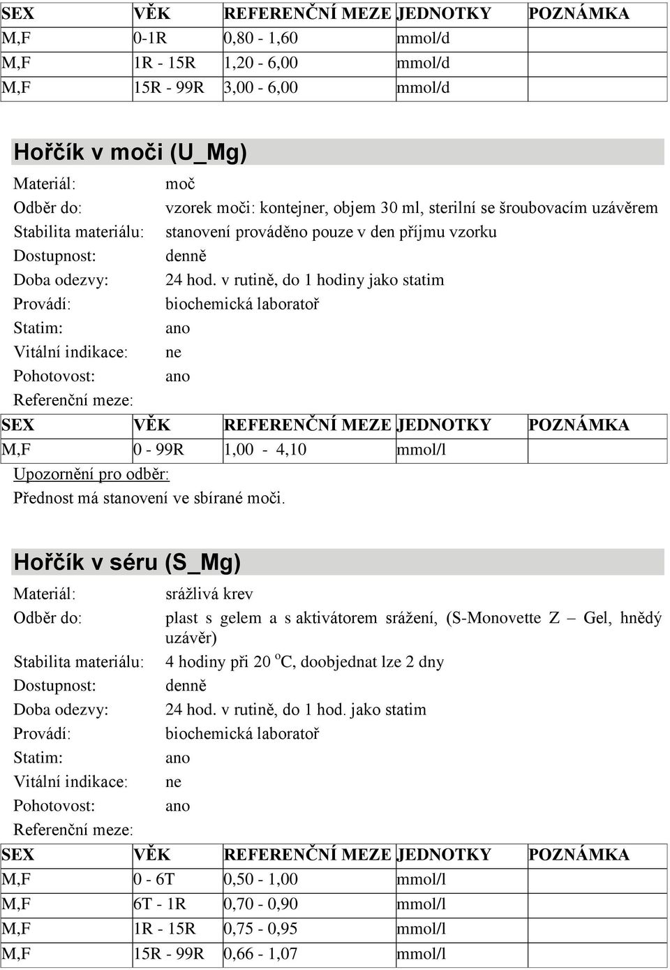 v rutině, do 1 hodiny jako statim M,F 0-99R 1,00-4,10 mmol/l Upozornění pro odběr: Přednost má stvení ve sbírané moči.