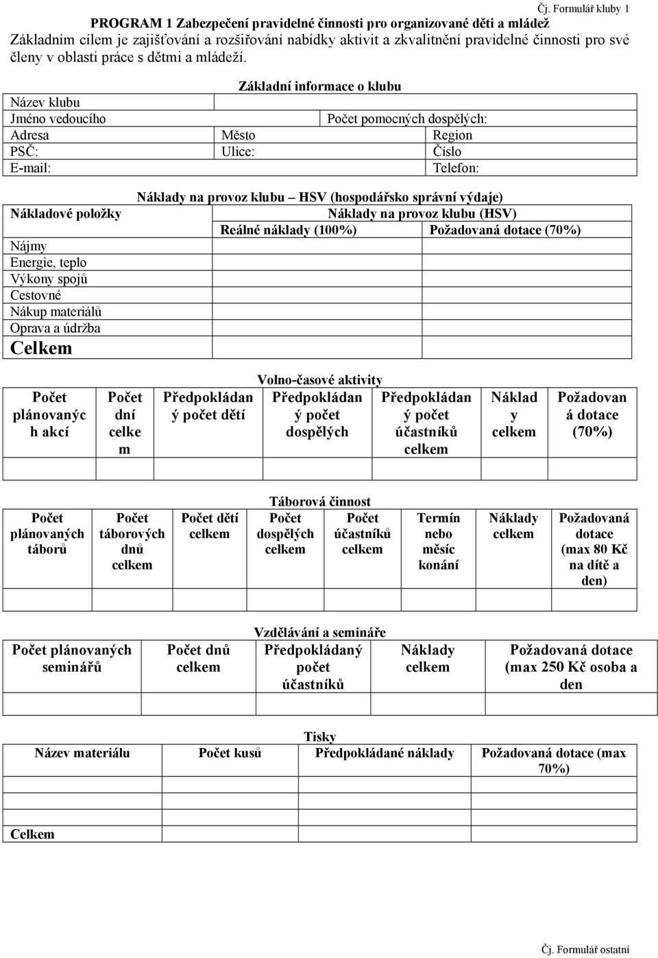 Základní informace o klubu Název klubu Jméno vedoucího pomocných dospělých: Adresa Město Region PSČ: Ulice: Číslo E-mail: Telefon: Nákladové položky Nájmy Energie, teplo Výkony spojů Cestovné Nákup