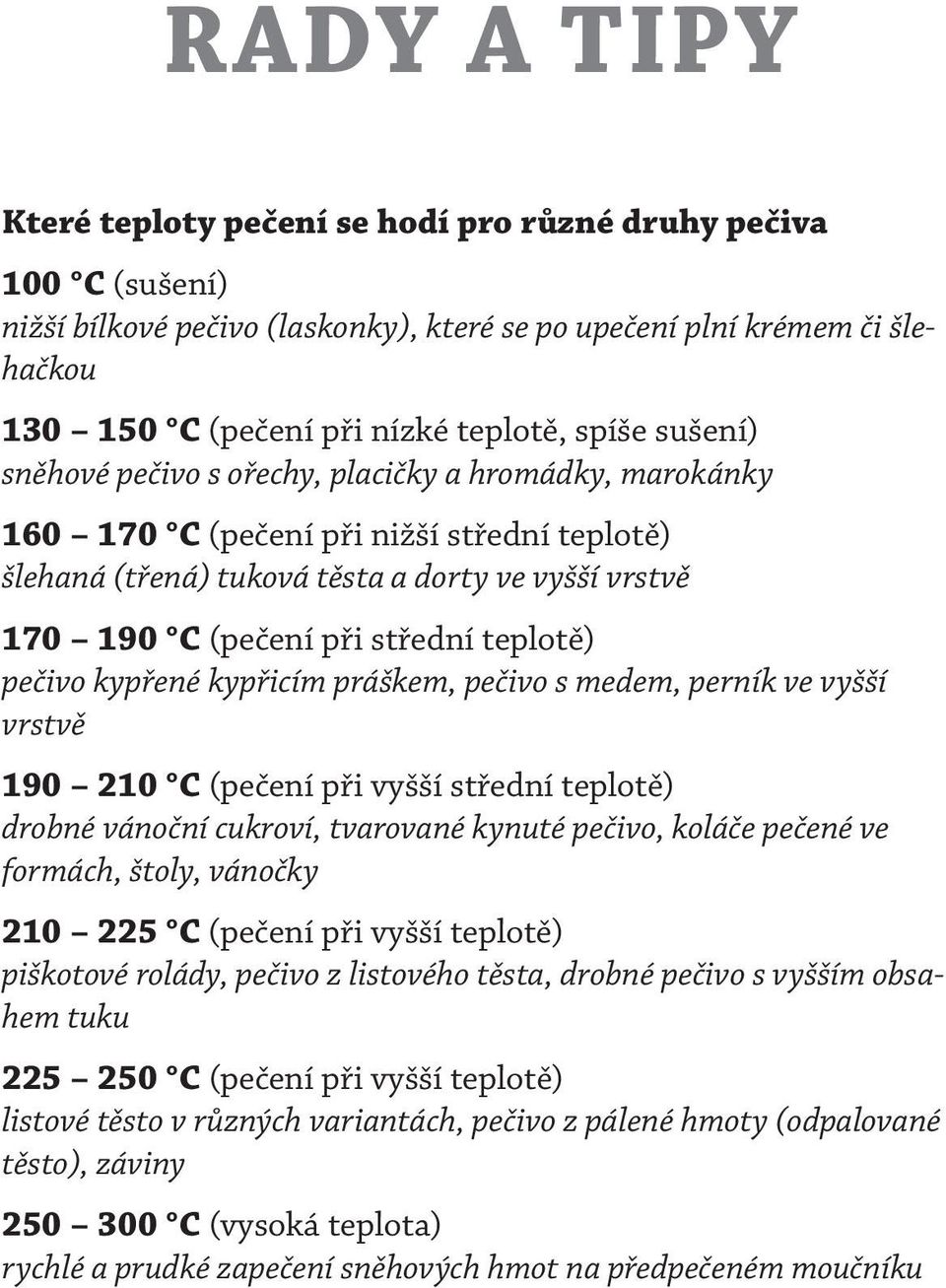 teplotě) pečivo kypřené kypřicím práškem, pečivo s medem, perník ve vyšší vrstvě 190 210 C (pečení při vyšší střední teplotě) drobné vánoční cukroví, tvarované kynuté pečivo, koláče pečené ve