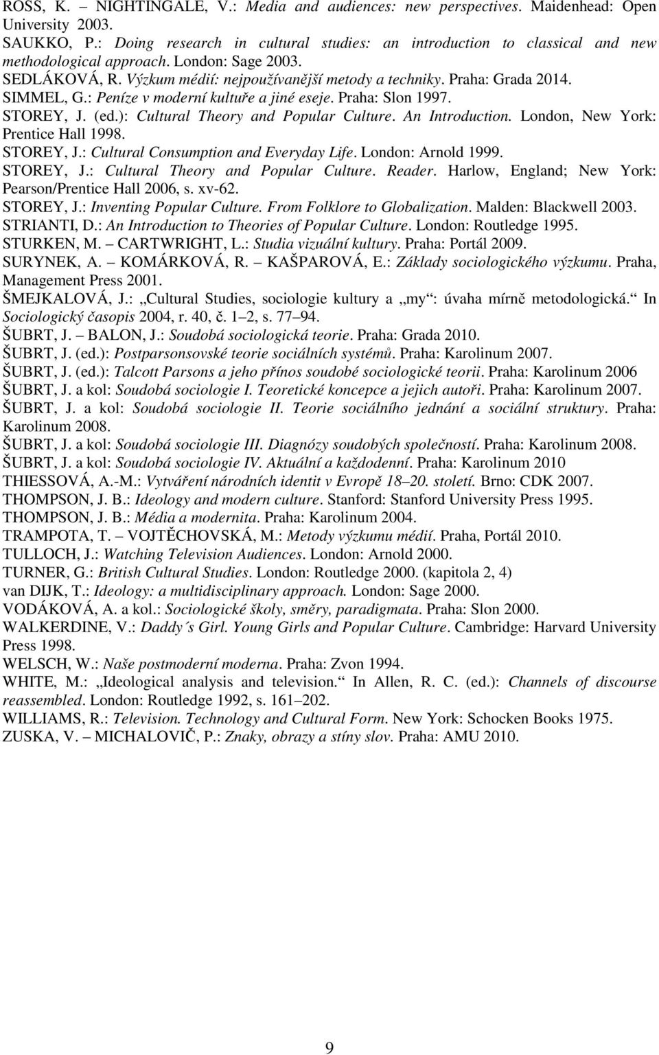 SIMMEL, G.: Peníze v moderní kultuře a jiné eseje. Praha: Slon 1997. STOREY, J. (ed.): Cultural Theory and Popular Culture. An Introduction. London, New York: Prentice Hall 1998. STOREY, J.: Cultural Consumption and Everyday Life.